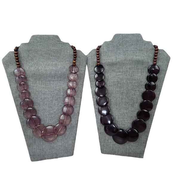 Unbranded Jewelry - Vintage Purple Lucite Necklace Graduated Round Disc Wood Beads Bundle of Two